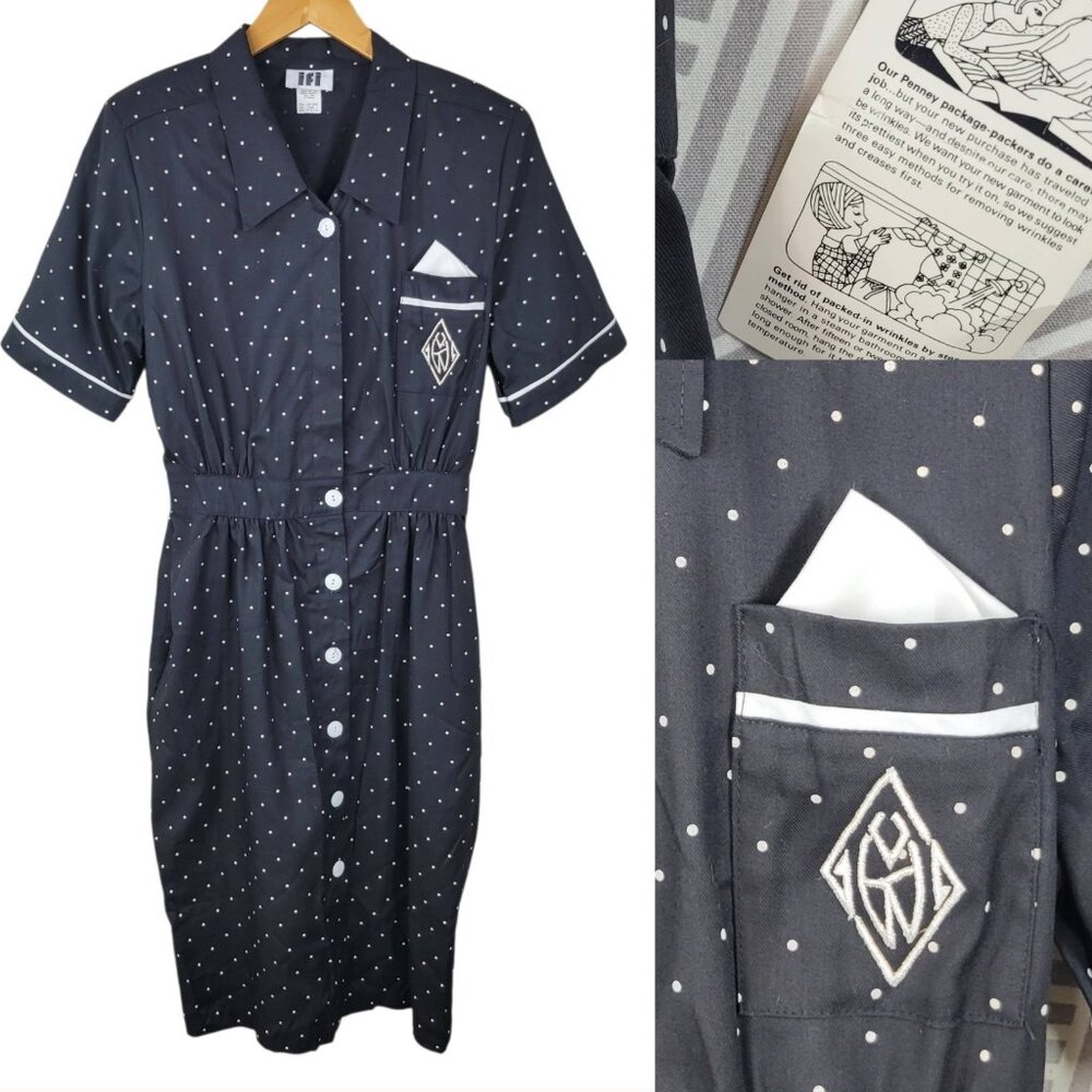Vintage NEW Shirt Dress size 14 Petite Midi Grunge Secretary Career Polkadot